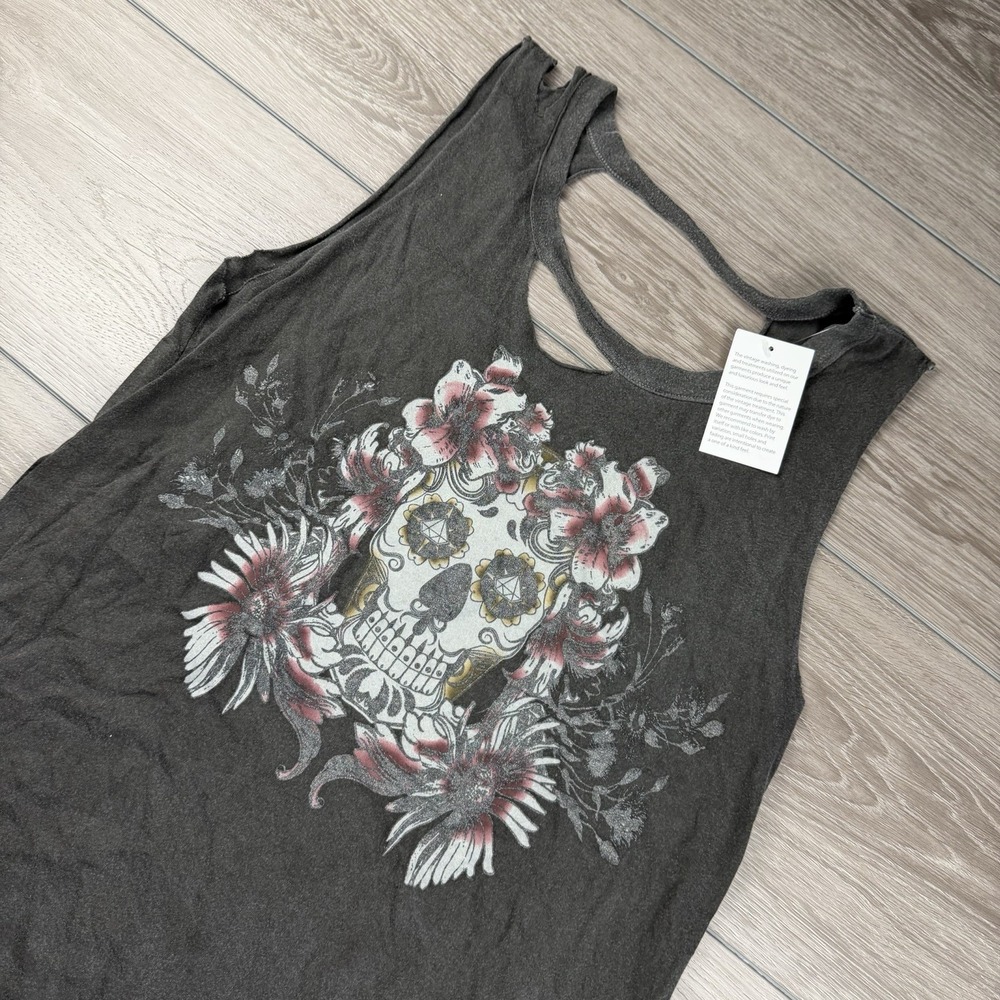 Chaser Women's Catrina‎ Sleeveless Floral Sugar Skull Tank Grey Large New